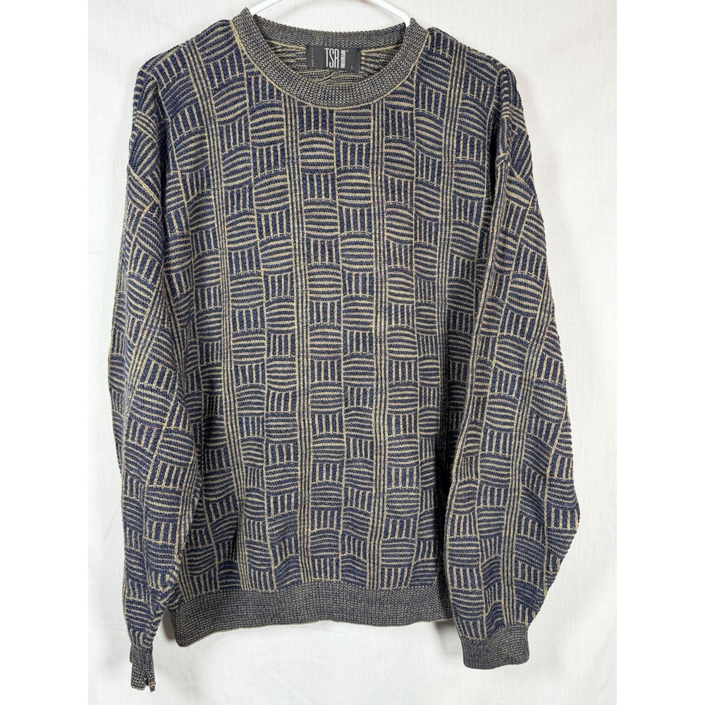 Vintage 90s TSR Mens L Basket Weave Knit Sweater Geometric Streetwear Crewneck
